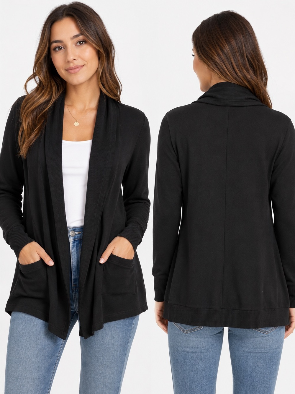 The Sweatshirt Project Black Open Front Cardigan Small pockets and thumb holes